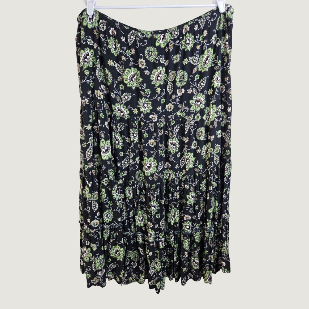 Floral Paisley Fairy Grunge Tiered Maxi Skirt L Black Green Gremlin Goblincore
